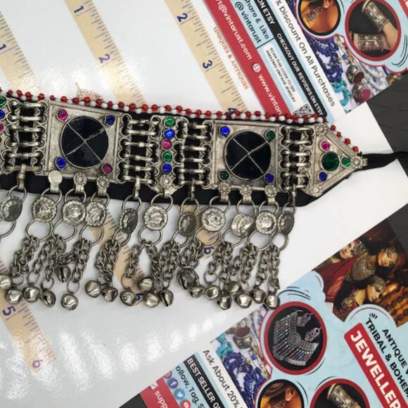 Black Stone Choker, Handmade Afghan Choker with Stones and Silver Beads, Kuchi - Picture 9 of 13